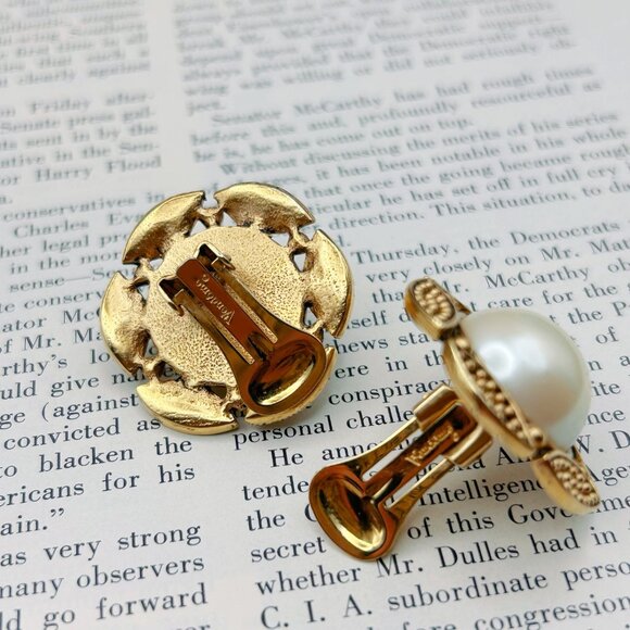 Vintage Vandome Clip-On Earrings | Faux Pearl Gold Tone Signed 1960s Jewelry - Picture 7 of 11